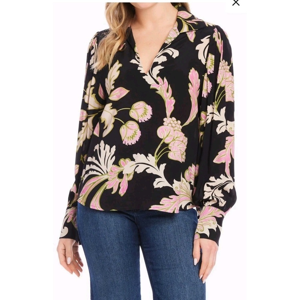 NWT Karen‎ Kane S Black Floral Viscose Blouson Romantic Peasant Shirt Top $148
